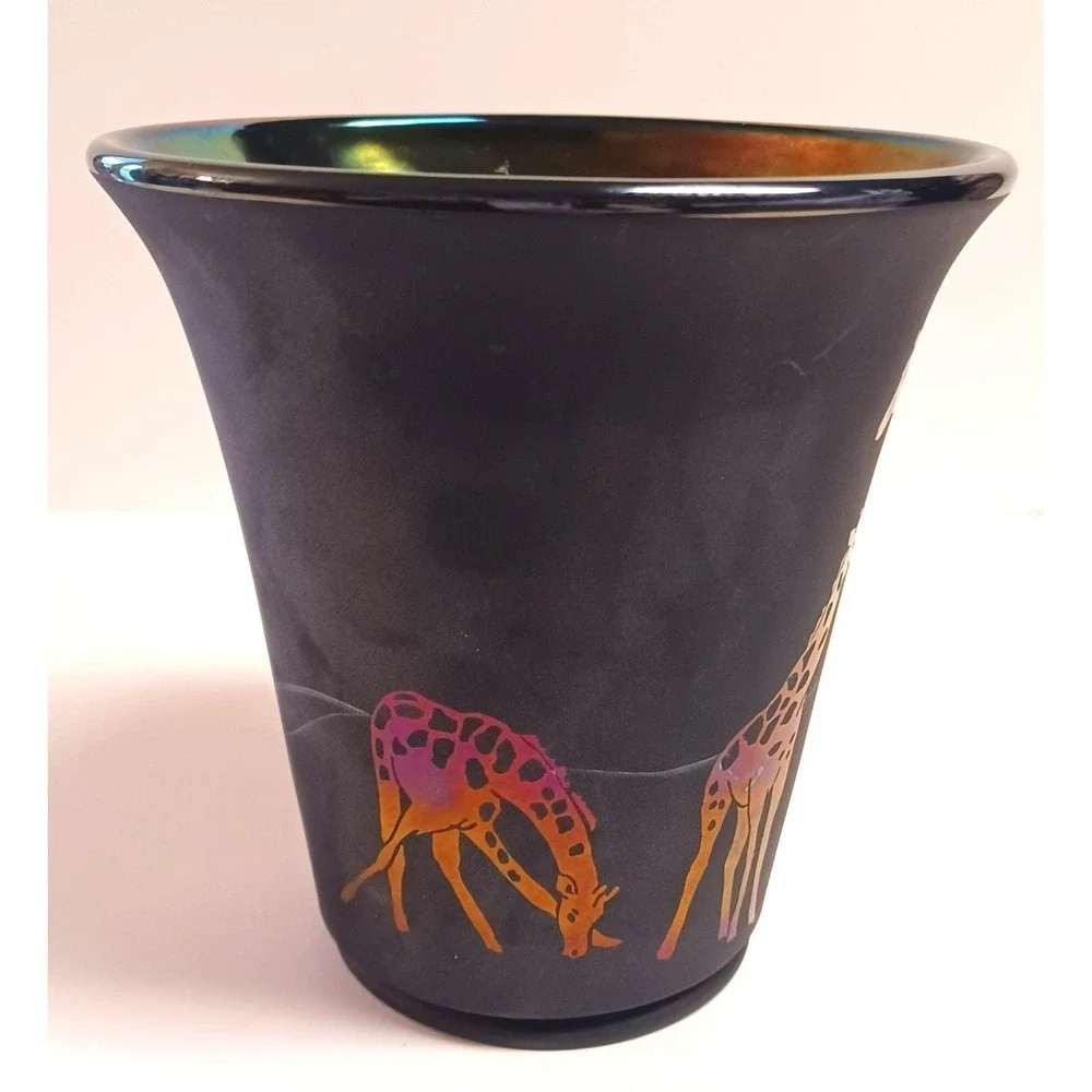 Vintage Fenton Glass OOAK Giraffe Vase Black Green Purple Sand Carved Custom